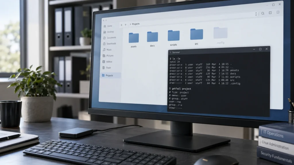 Der versteckte Projektordner: Ausgeblendet ist nicht geschützt 7 Dateimanager und Terminal zur Prüfung von Ordnerrechten.