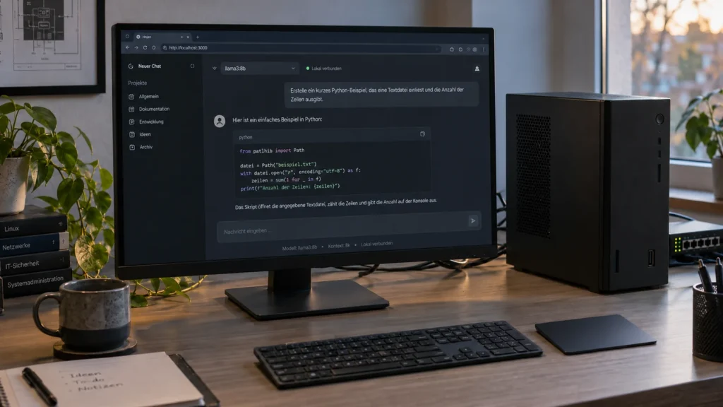Arbeitsplatz mit lokalem KI-Chat und kompaktem Computer.
