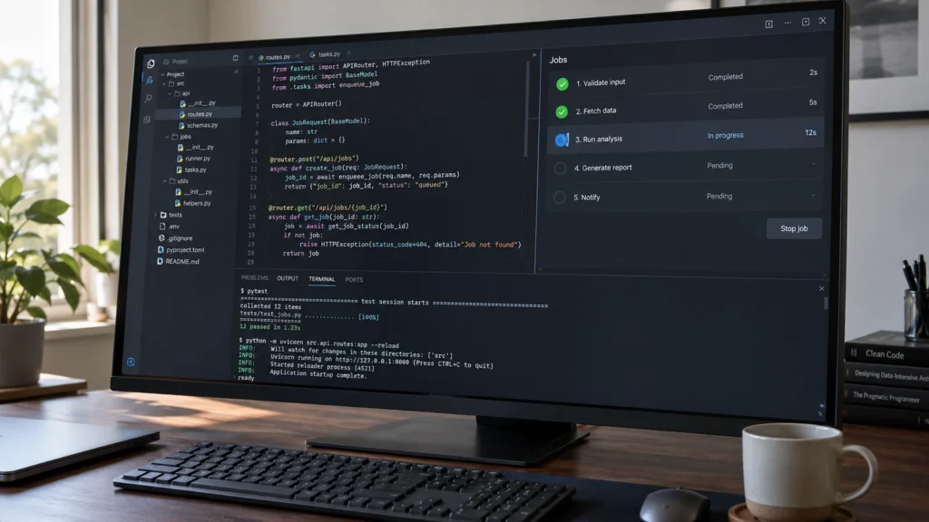 Monitor mit Python-Code, API-Aufträgen und Terminalausgabe.