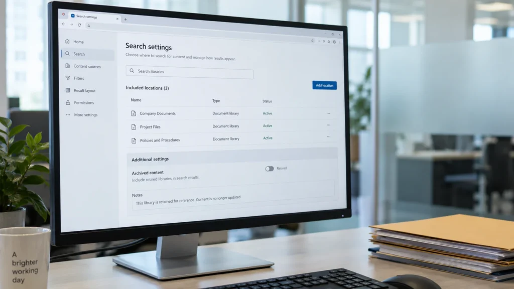 Restricted SharePoint Search läuft aus: Was Unternehmen prüfen sollten 4 Monitor mit einer beispielhaften Such- und Dokumentenverwaltung.