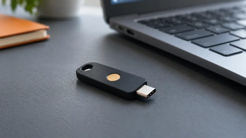 USB-Sicherheitsschlüssel und Windows: FIDO2 mit Entra ID richtig einordnen 1 USB-C-Sicherheitsschlüssel mit Berührungsfläche neben einem Notebook.