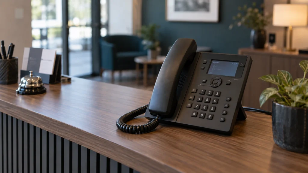 FreePBX für Unternehmen: Erreichbarkeit hängt an mehr als der Telefonanlage 5 Schnurgebundenes Tischtelefon auf einem Empfangstresen.