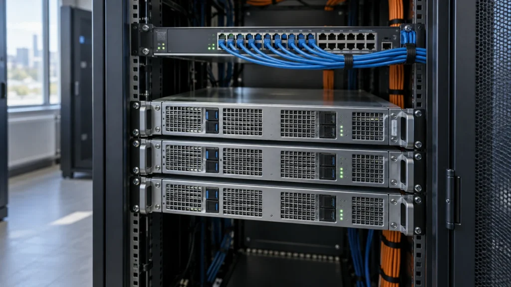 Kubernetes verständlich erklärt: Was ein Cluster für Anwendungen übernimmt 7 Drei Rackserver und ein Netzwerk-Switch mit angeschlossenen blauen Netzwerkkabeln.