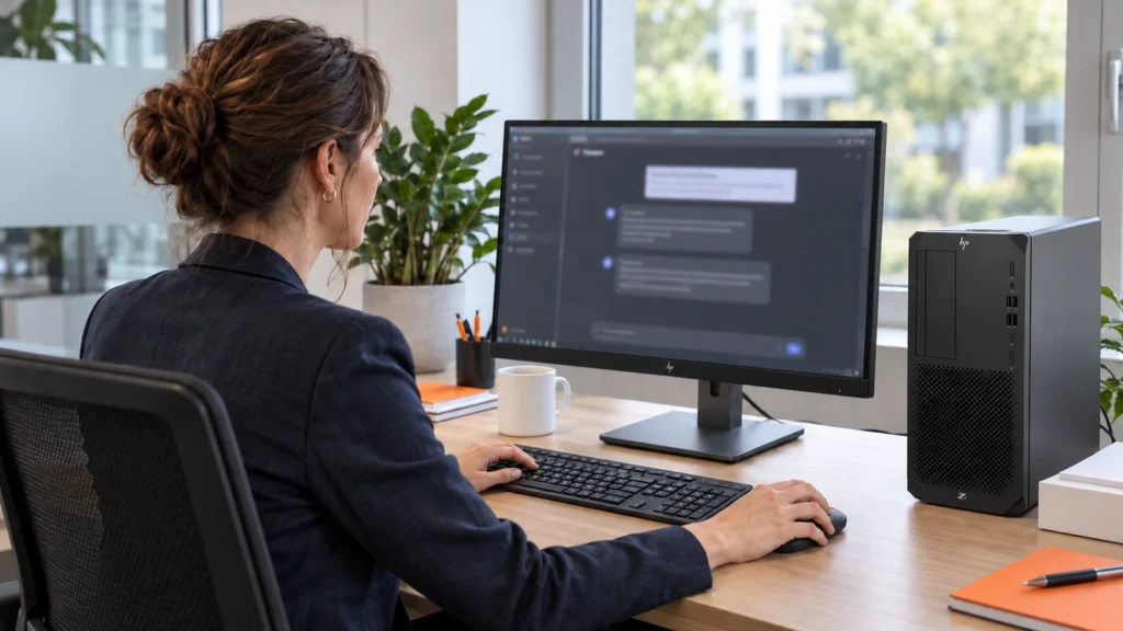 Lokale KI im Unternehmen: Was braucht man mindestens? 1 Eine Anwenderin bedient einen HP-Arbeitsplatz mit Maus und Tastatur und blickt auf den lokalen KI-Chat.