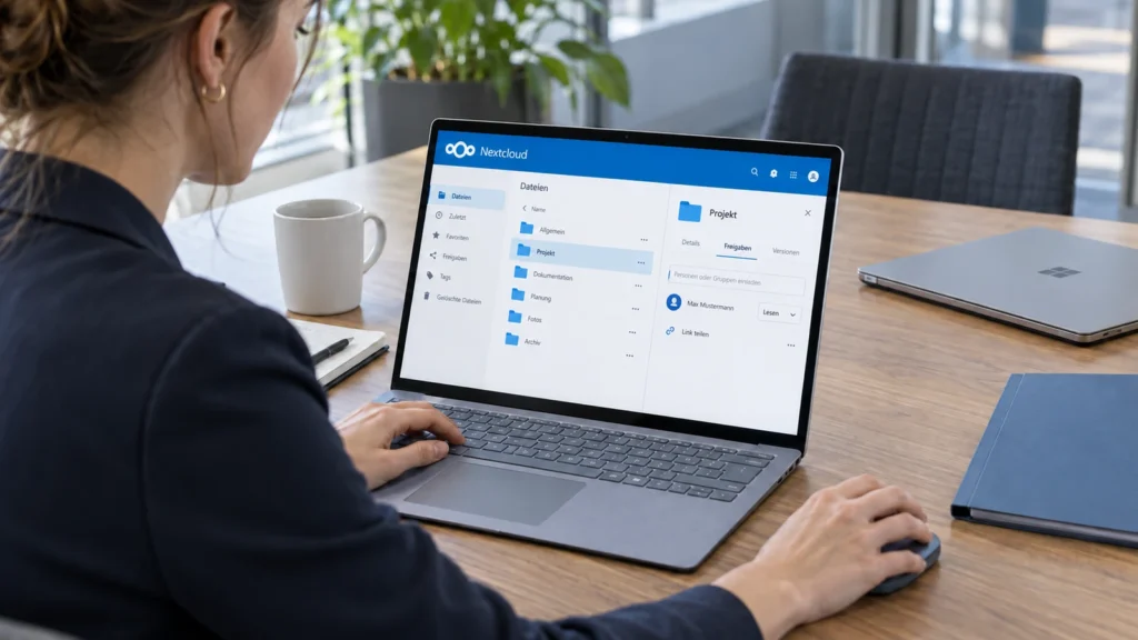 Eine Anwenderin prüft am Surface-Notebook die Lesefreigabe eines Projektordners in Nextcloud.