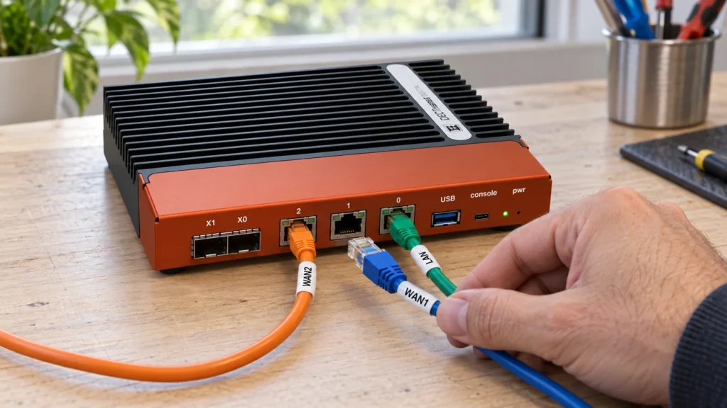 OPNsense mit zwei Internetleitungen: Failover muss im Alltagstest bestehen 1 An einer orangefarbenen OPNsense-Appliance ist WAN1 abgezogen, während WAN2 und LAN mit beschrifteten Ethernetkabeln verbunden bleiben.