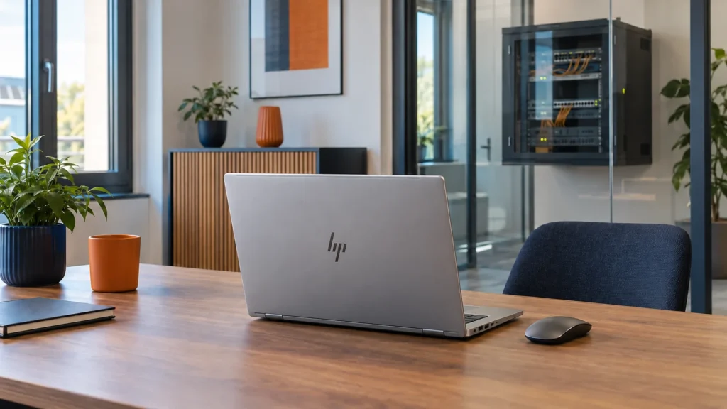 Passwortmanager im Unternehmen: Cloud-Dienst oder selbst hosten? 2 Silbernes HP-Businessnotebook mit Maus vor einem abgeschlossenen Netzwerkschrank hinter Glas.