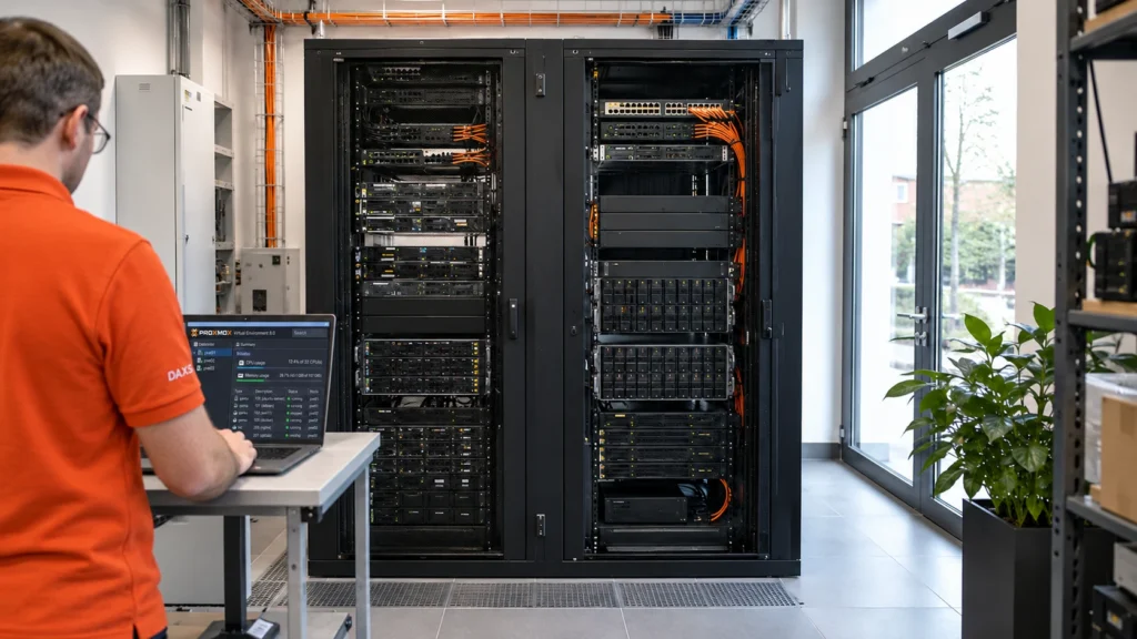 Herbert Röblreiter prüft eine Virtualisierungsumgebung im Serverraum.