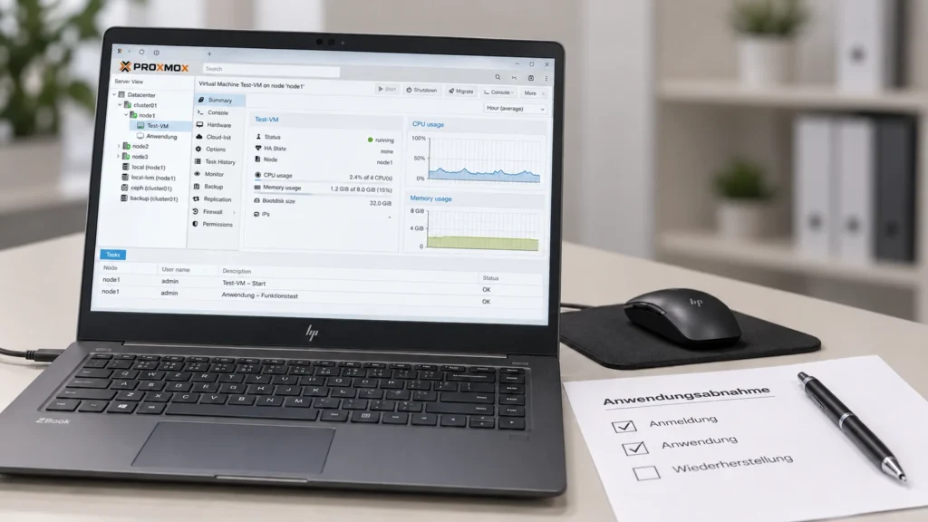 Von VMware zu Proxmox: Erst die Anwendung abnehmen, dann den Umzug abschließen 3 HP-ZBook mit einer virtuellen Maschine in der Proxmox-Verwaltung neben einer Checkliste für Anmeldung, Anwendung und Wiederherstellung.
