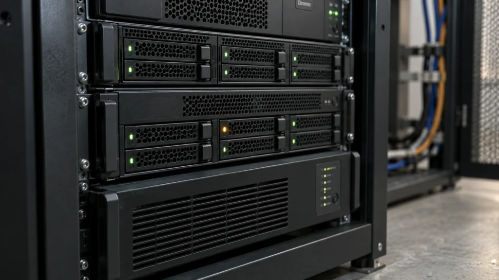 Zabbix: Ein Alarm hilft erst, wenn klar ist, wer was tun soll 4 Servereinschübe mit grünen Statusanzeigen und einer gelben Serviceanzeige.