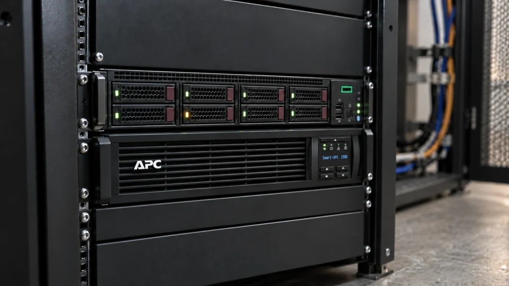 Zabbix: Ein Alarm hilft erst, wenn klar ist, wer was tun soll 8 HPE-Rackserver mit Laufwerksanzeigen über einer APC-USV im Serverschrank.