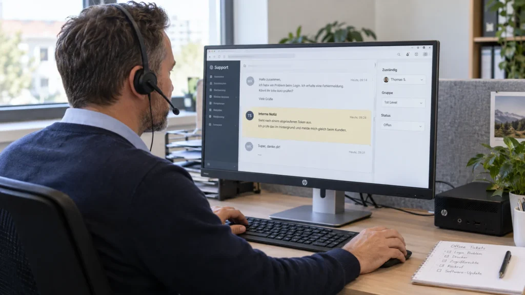 Zammad: Warum ein gemeinsames Supportpostfach noch kein geregelter Ablauf ist 4 Supportmitarbeiter mit Headset, Tastatur und Maus vor einer Ticketansicht mit Zuständigkeit, Status und interner Notiz.